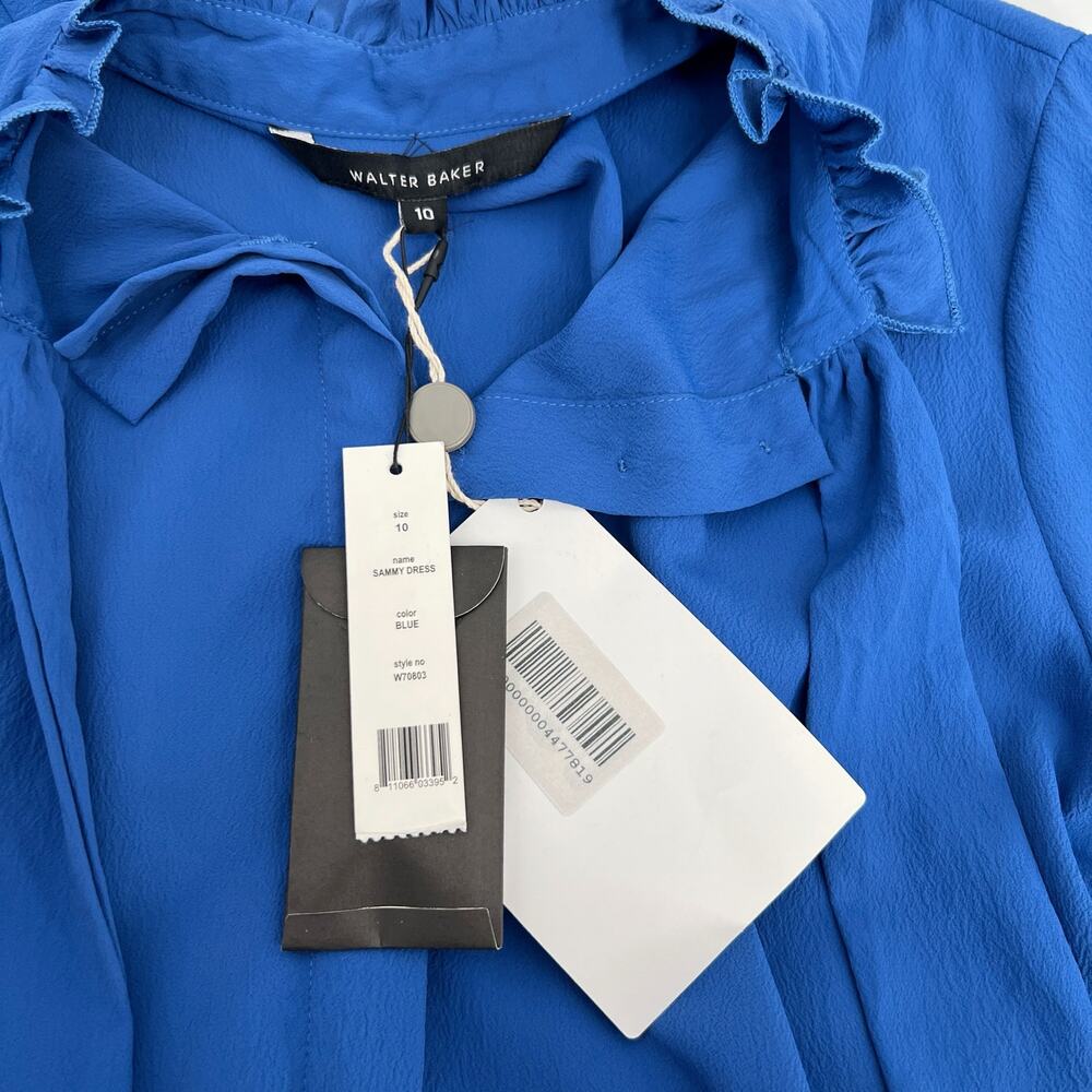Walter Baker Sammy Dress NEW Womens 10 Blue Crepe Neck Tie Bow Midi Short Sleeve - Picture 4 of 10
